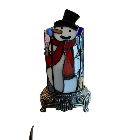 Christmas SNOWMAN Tiffany Style Stained Glass Table Lamp Cast Iron Base Rare - Picture 4 of 9